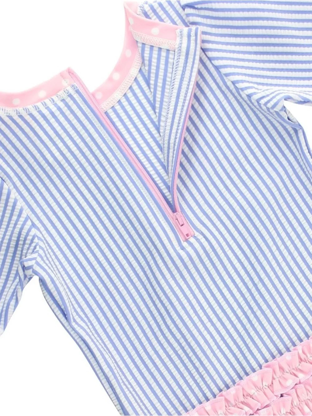 Ruffle Butts Girls Blue & White Striped One-Piece Rash Guard Swimsuit Pink Trim